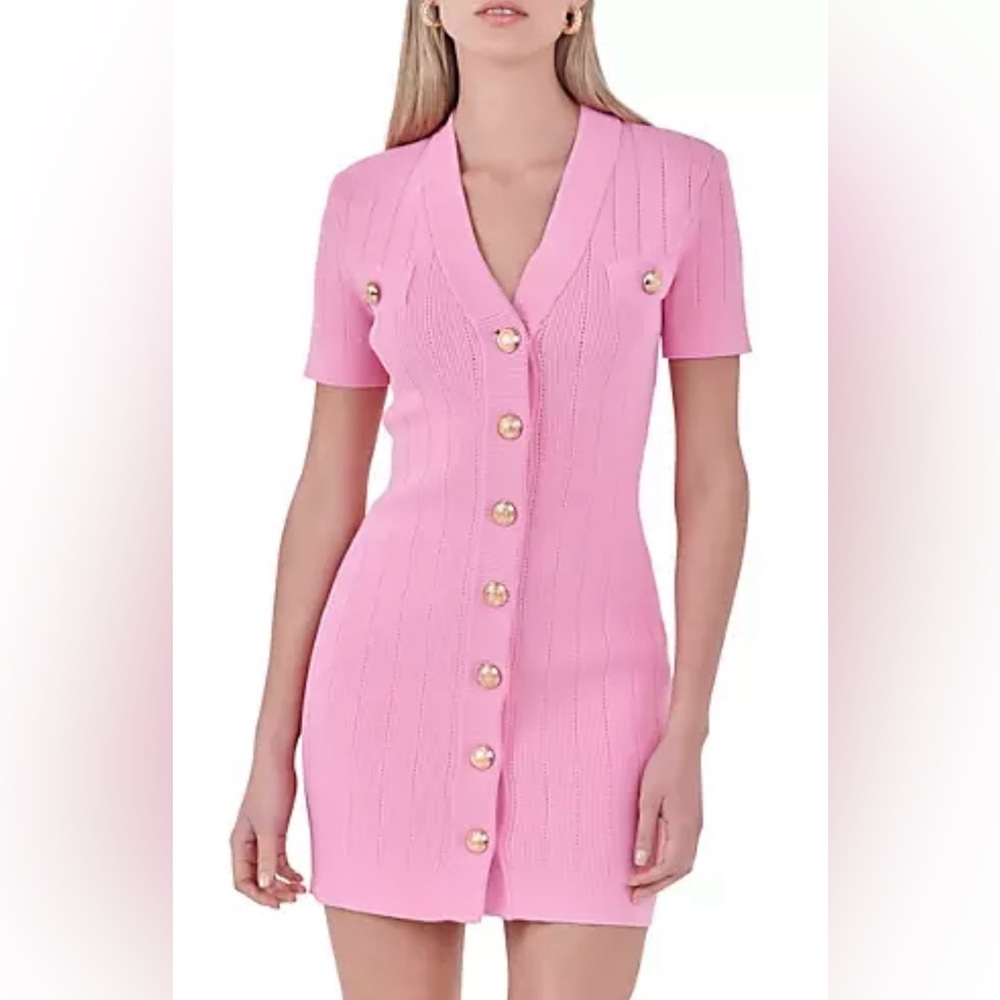 NWT Anthropologie- ENDLESS ROSE Shank Button V Neckline Knit Mini Dress. Size M. - Picture 2 of 15